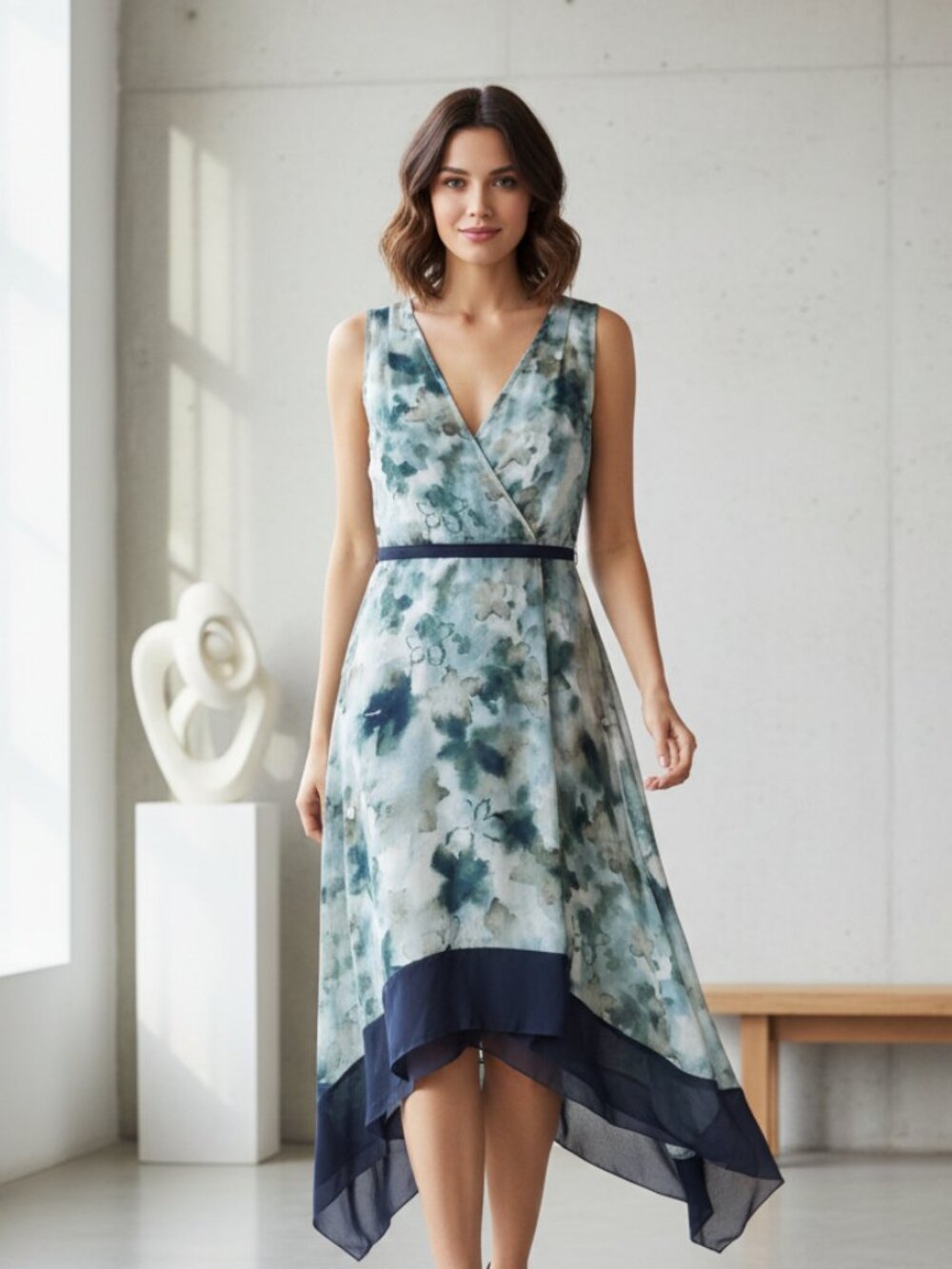 Simply Vera Wang S Dress Sleeveless Blue Green Watercolor Tie Waist Flowy V Neck